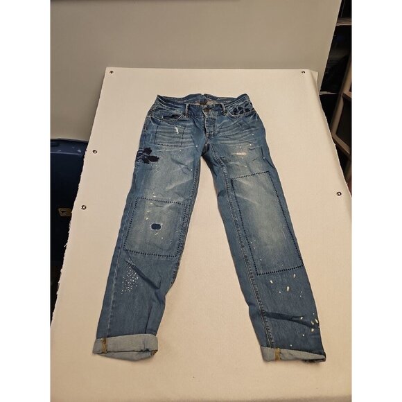 Eddie Bauer Denim - VTG Eddie Bauer  Boyfriend Jeans Size 6 Blue  Embroidered Distressed Button Fly